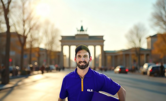 Versand nach Deutschland mit GLS - Zusteller am Brandenburger Tor