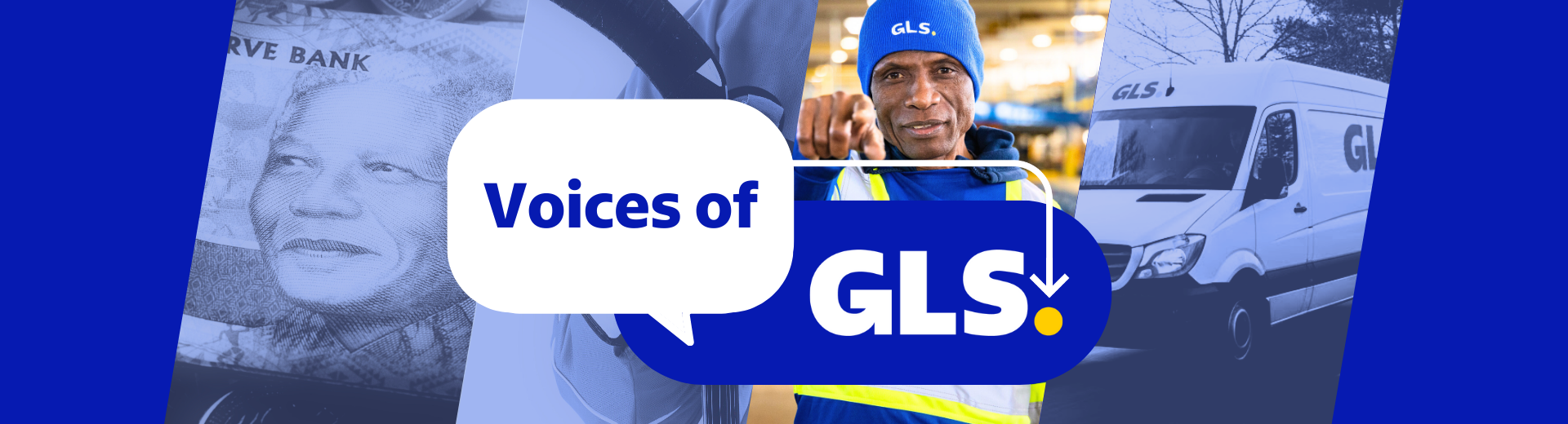 Blue background with images of Nelson Mandela, a hockey player, a GLS employee and a GLS parcel van on which it is written 