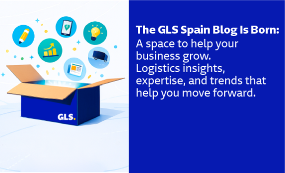 Promotional image for the launch of the GLS Spain blog featuring an open blue GLS box with icons representing logistics, innovation, and business growth on a blue background.