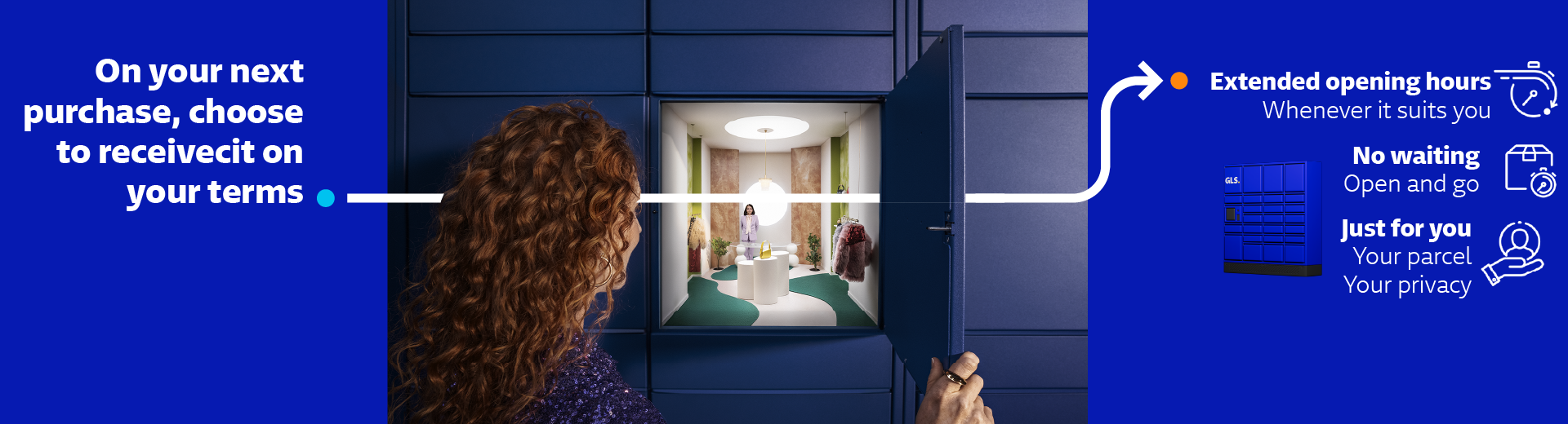 GLS promotional banner showing a person collecting a parcel from an automated parcel locker.