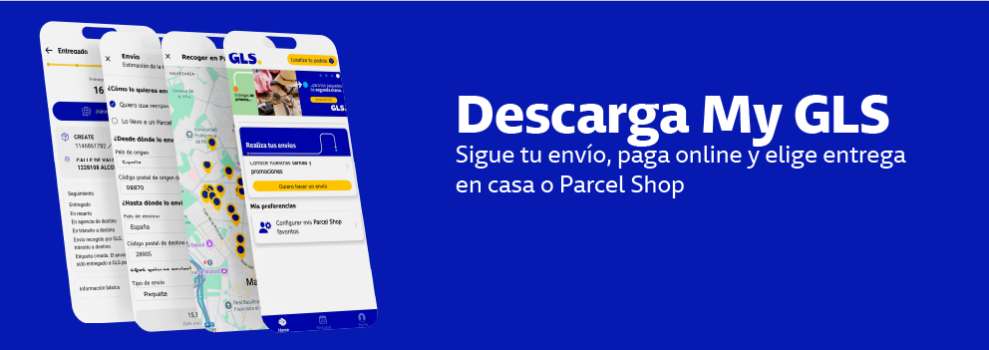 Pantalla de la app My GLS de GLS mostrando seguimiento de envíos, pago online y elección de entrega en domicilio o Parcel Shop desde el móvil.