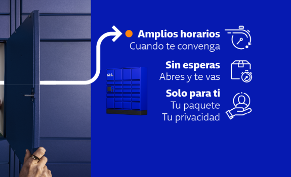 Banner promocional de GLS que muestra a una persona recogiendo un paquete en un locker automático.