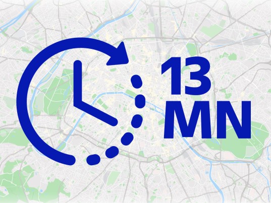 Illustration of a clock with "13 MN," showing the average time a customer spends on the geolocated parcel tracking page.