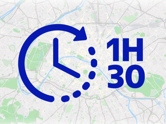 Illustration of a clock with "1H30," showing the average time between receiving the GLS tracking SMS and parcel delivery.